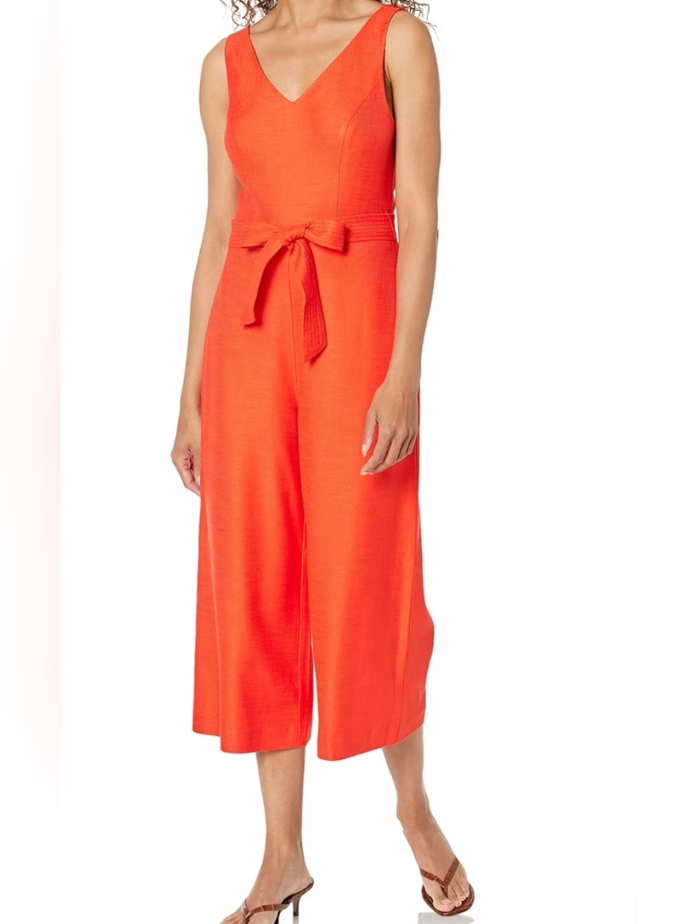 Trina Turk Bright Orange V-Neck Tie-Waist Cropped Jumpsuit